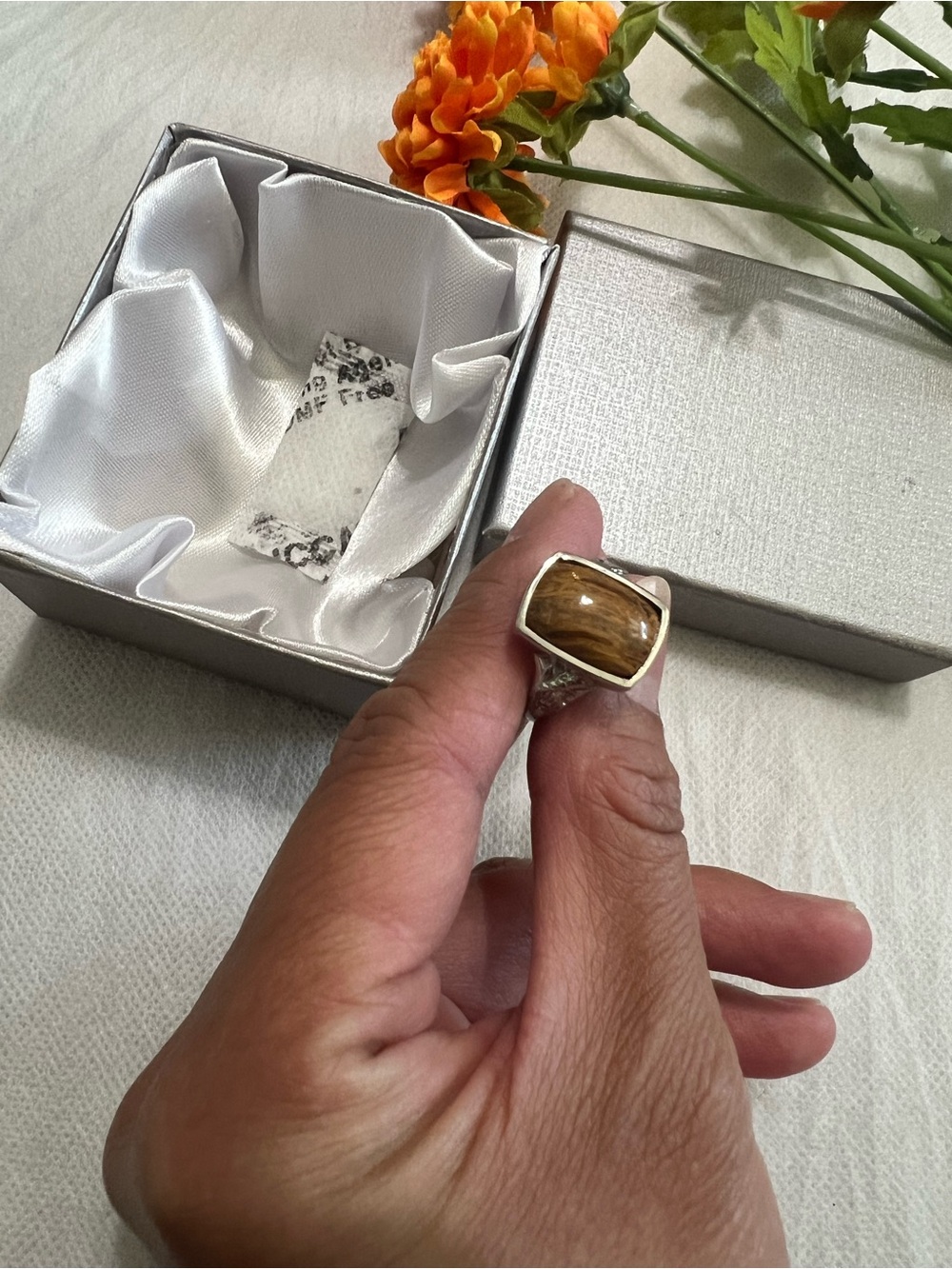 NWOT Script Stone Solitaire Silver Brown Ring in stainless steel, size 7